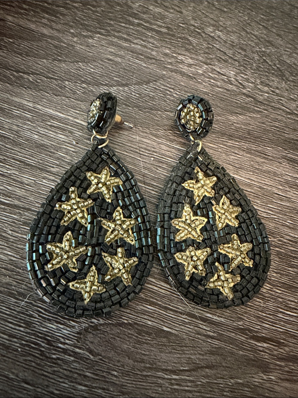 Black and Gold Beaded Teardrop Star Earrings
